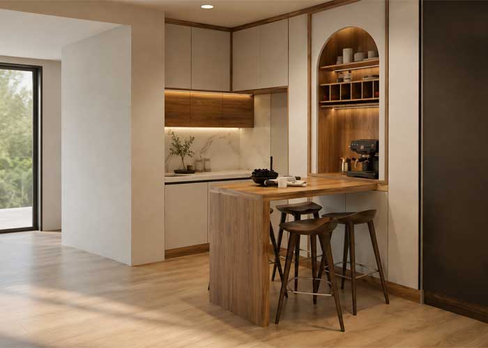 کافی بار مدرن متصل به کابینت آشپزخانه